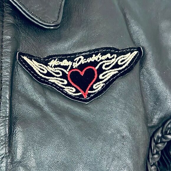 Unik Black Cropped Leather Jacket with Fringe, Harley Patches size Large - Picture 11 of 15